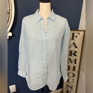 Talbots 100% oversized Linen Blouse turquoise and white button down size Medium